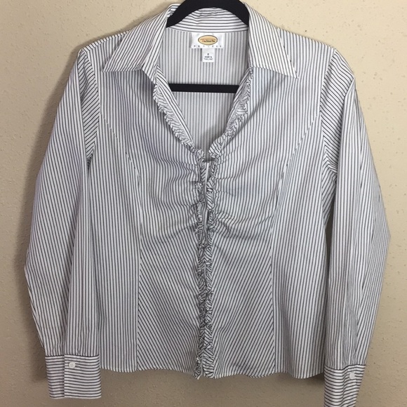 Talbots Ruffled Front Striped Button Down Shirt - Picture 1 of 6